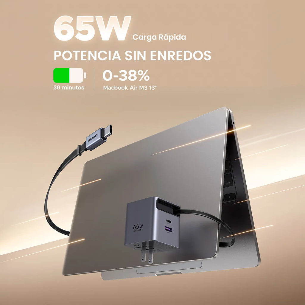 Cargador de Pared UGREEN Nexode Pro 65W GaN Cable USB-C Retráctil 0.7m Dual Port USB-C y USB-A S2299