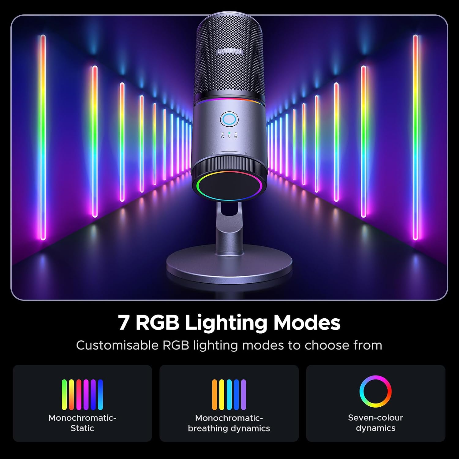 Micrófono Gamer USB Ugreen RGB 24-bit/96kHz Cancelación DSP con Monitoreo y Mute S2213