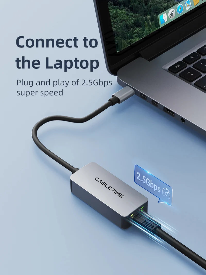 Adaptador USB-C a Red Ethernet RJ45 2.5G CABLETIME 2500Mbps Aluminio Plug & Play MacBook PC s2264