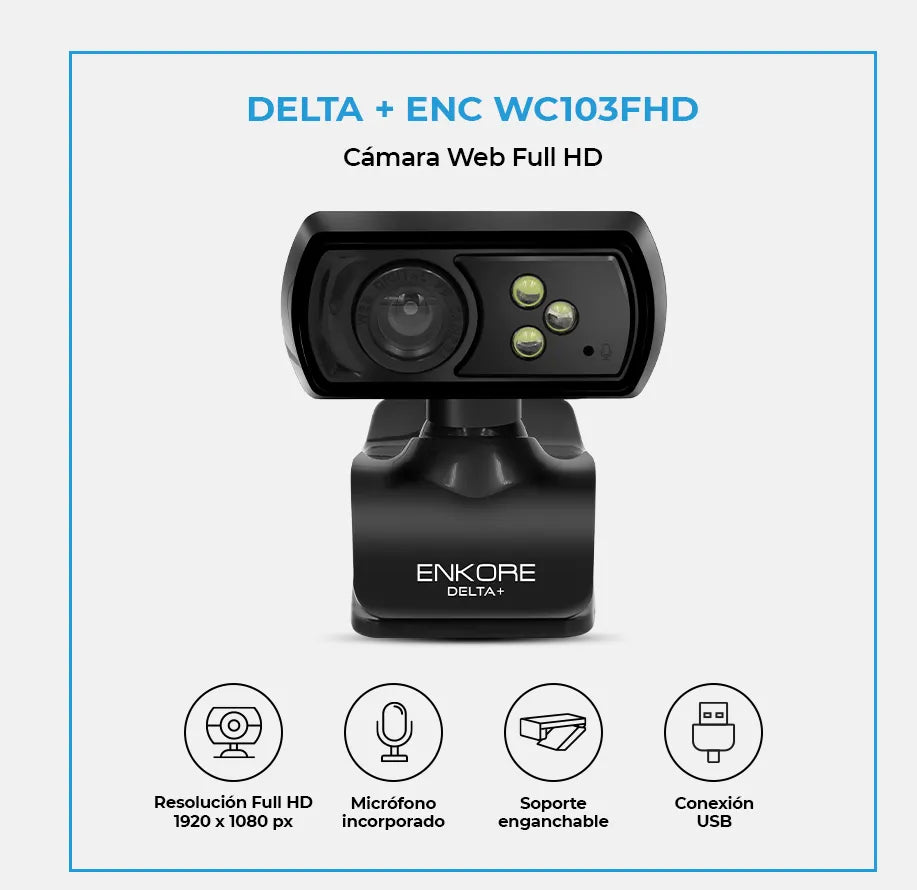 Cámara Web Full HD 1080p Enkore Delta+ ENC WC103 3 LEDs Micrófono Clip USB Plug & Play s2249