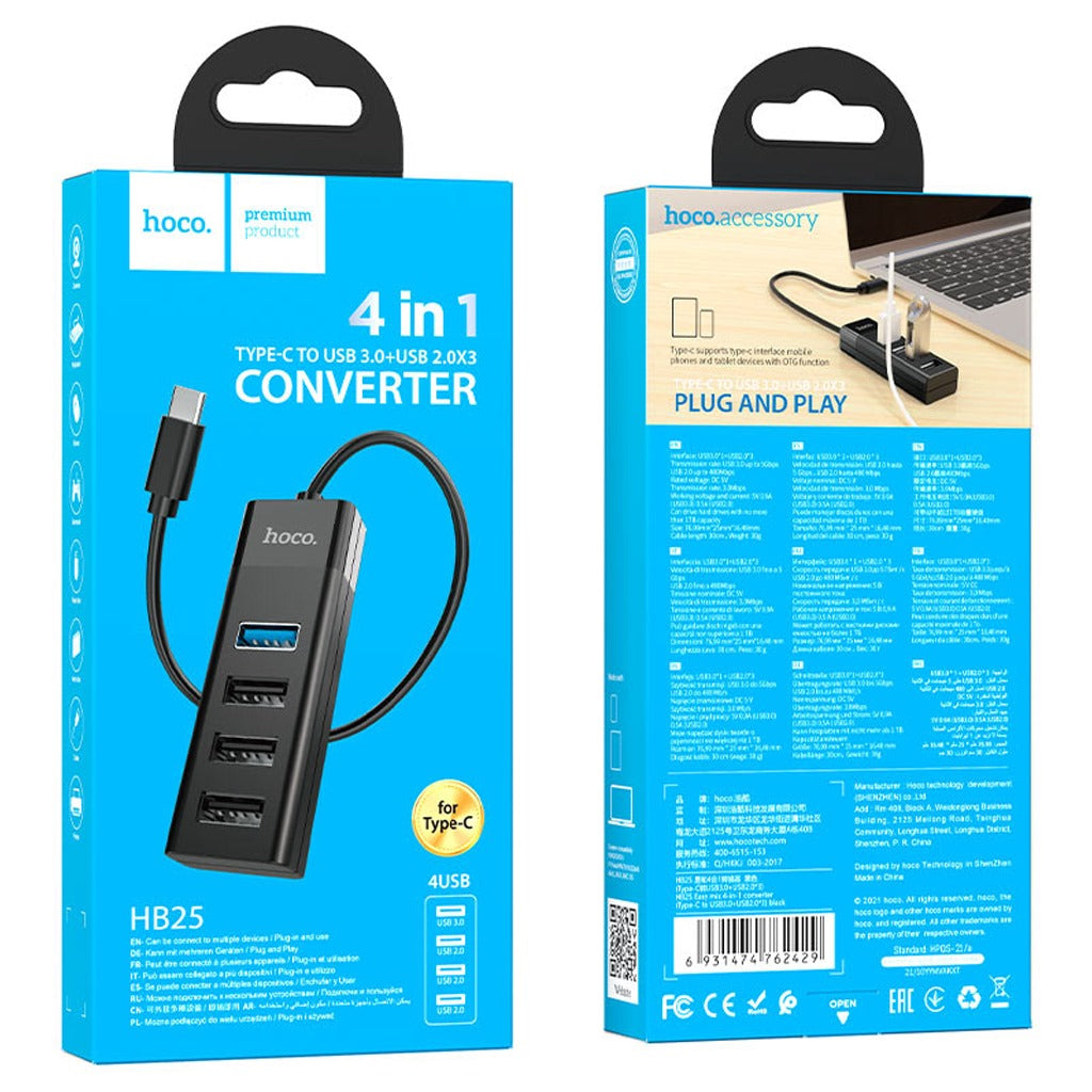 Tipo C Hub 4 Puertos 4 en 1 Usb 3.0 + 3 usb 2.0 HOCO HB25 30cm S0987