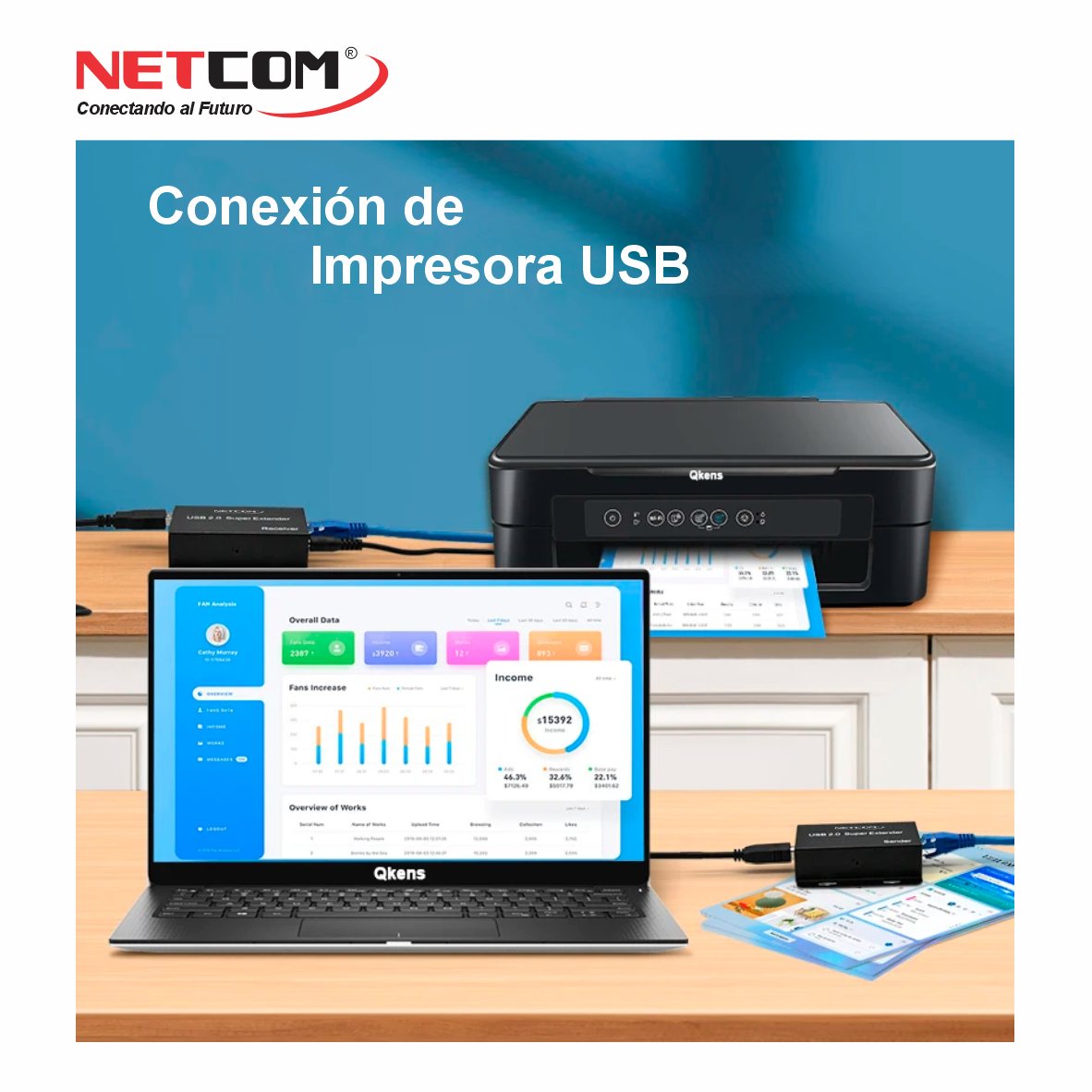 Kit Extensor USB 2.0 de 4 Puertos por Cable de Red RJ45 hasta 60 Metros (Netcom) s2081