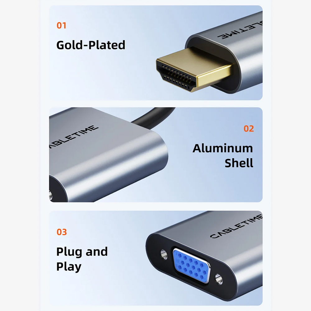 Adaptador HDMI Macho a VGA Hembra CABLETIME 1080P Full HD 60Hz Conversor de Video de Aluminio con Conector Chapado en Oro para Laptop PC Proyector y Monitor S2357