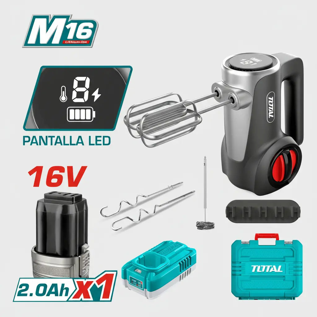 Set de Batidora Inalámbrica 16V TOTAL 7 Velocidades Pantalla LED Batería 2.0Ah Cargador y Maletín M16 S2309