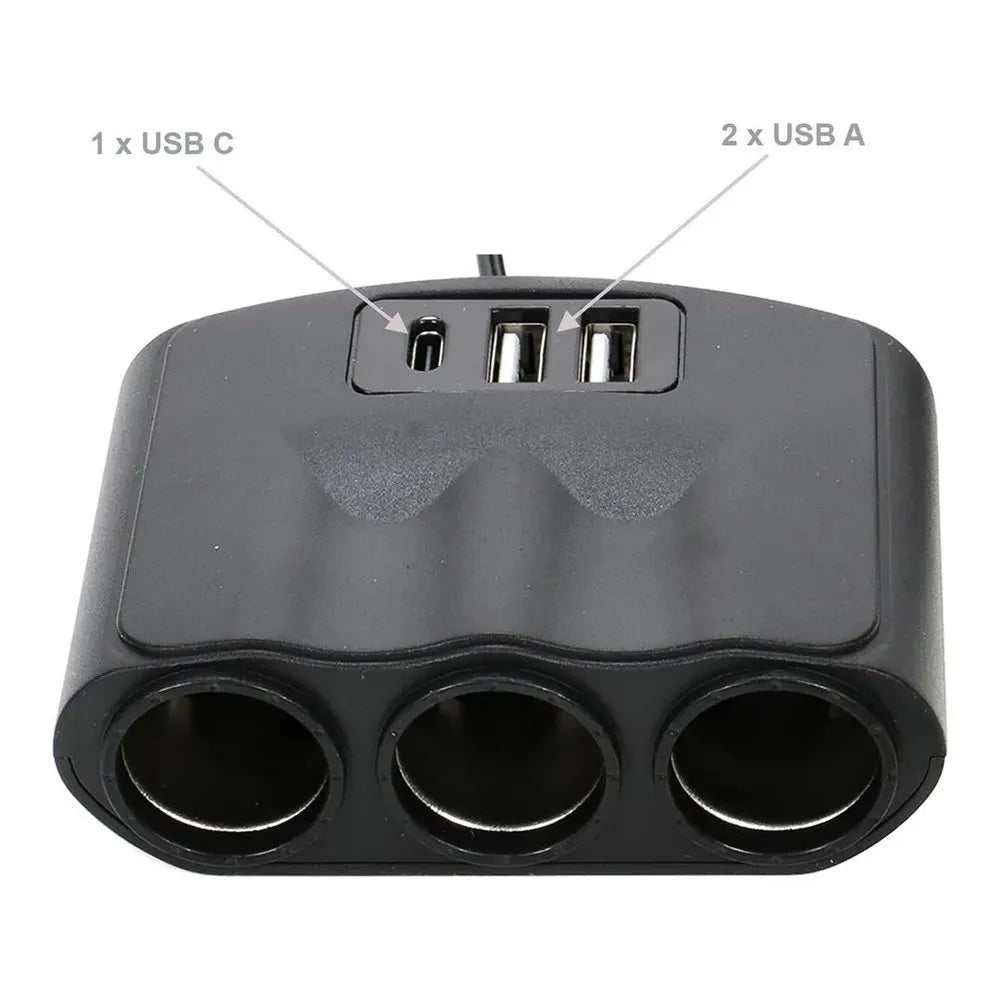 Splitter Cigarrera de Carga para Auto 3 Sockets + 3 USB (Inc. Tipo C) | SEISA S1986