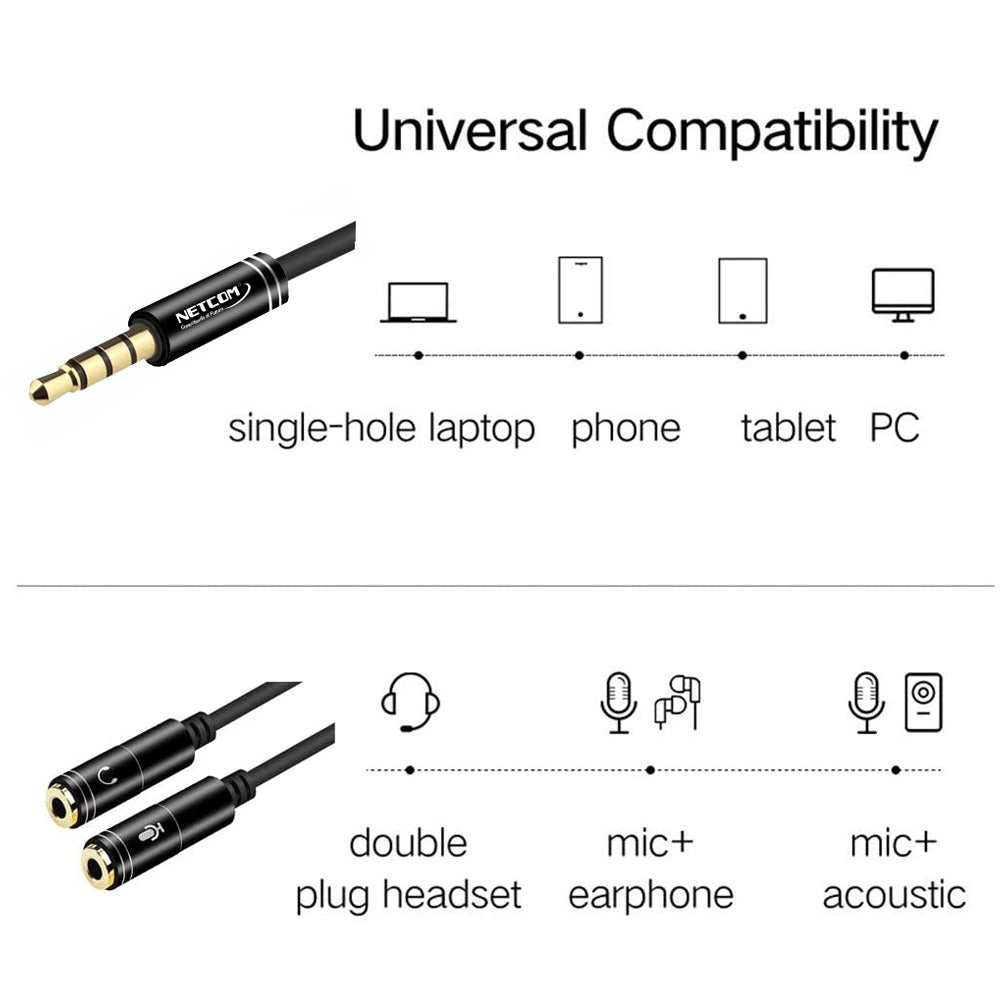 Adaptador Conector de 2 Jack 3.5mm A Plug 3.5mm NETCOM- Negro S1173