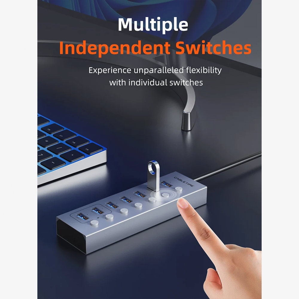 Hub USB 3.0 de 7 Puertos CABLETIME con Interruptores Individuales LED Cable Largo de 1 Metro Alimentación Auxiliar USB-C 5V y Doble Chip GL3510 para PC y Laptop S2361