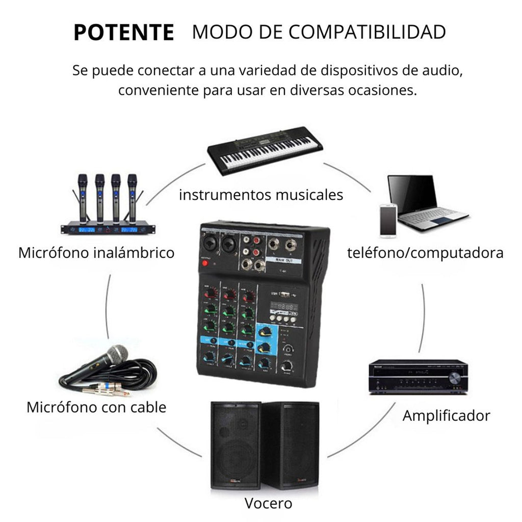 Consola Mezcladora de Audio Profesional 4 Canales Bluetooth USB Phantom +48V Tarjeta de Sonido F-4A s2256