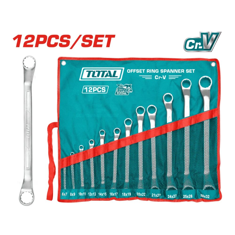 Juego de Llaves Doble Corona Acodadas 12 Piezas TOTAL 6-32mm Acero Cr-V con Estuche de Lona Enrollable THT1024121 S2320