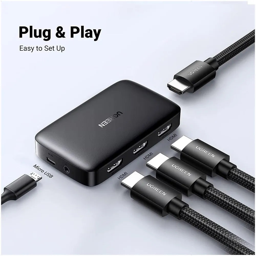 Switch HDMI 3 Puertos 4K 30Hz 3D HDR UGREEN con Control HDCP 1.4 S1656