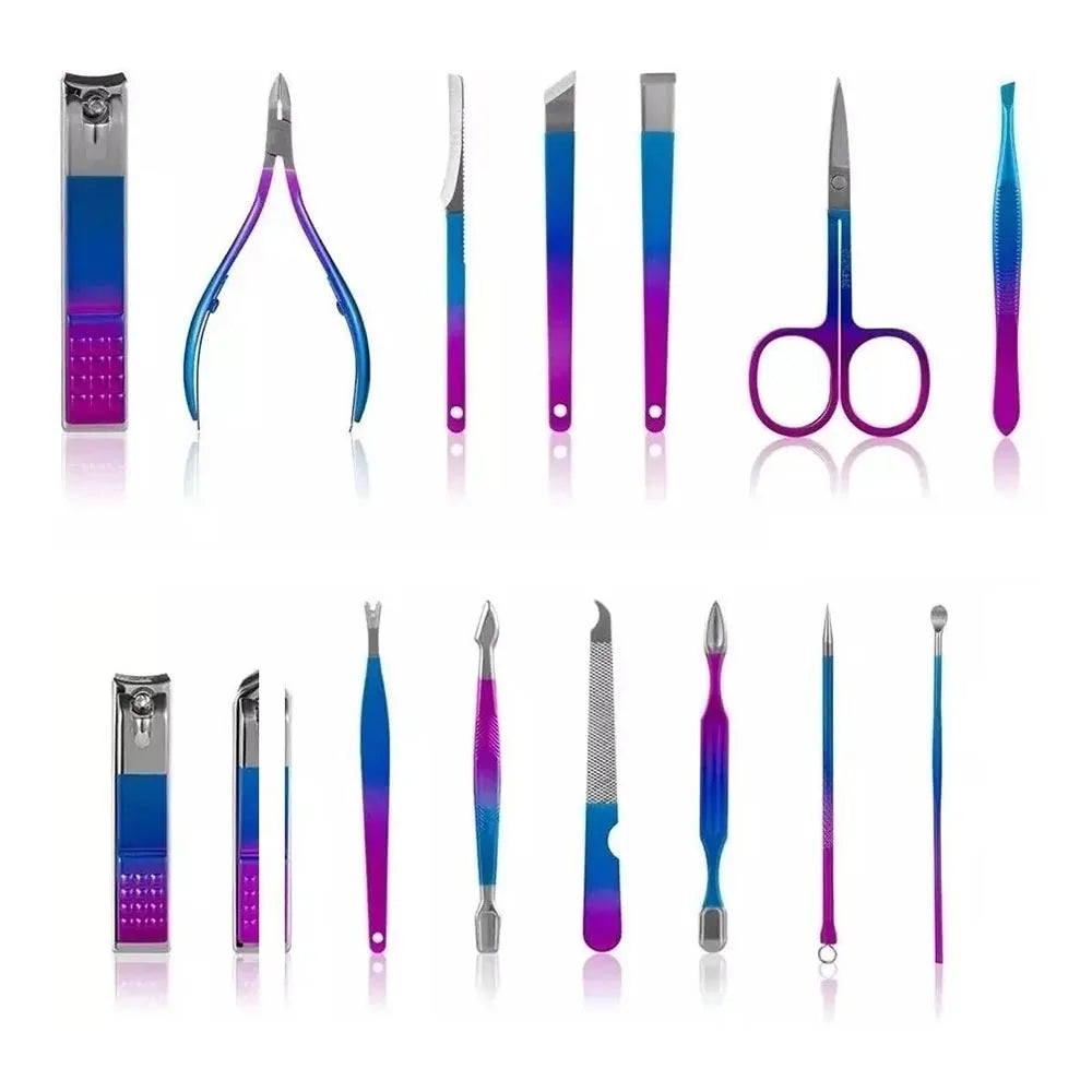 Set Manicura Pedicura Acero Inoxidable 15 Piezas Bicolor S0835