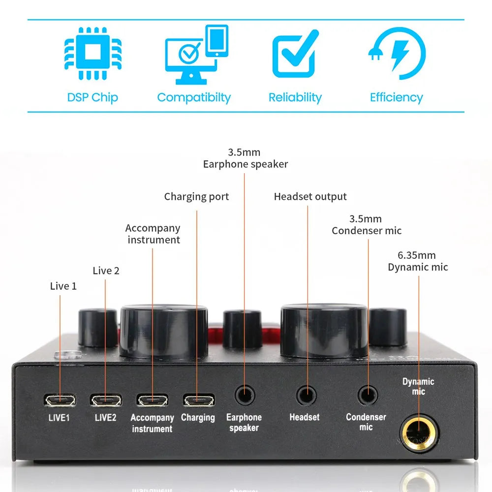 Kit tarjeta de sonido V8 microfono condensador mini tripode maletin S1367
