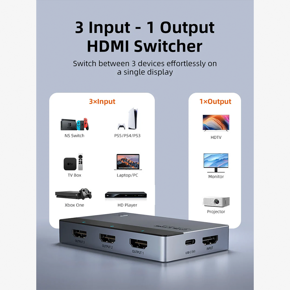 Switch Conmutador HDMI 3 en 1 4K 60Hz CABLETIME de Aluminio con Control Remoto Receptor IR y Botón Manual para PS5 Xbox TV Box y PC S2353