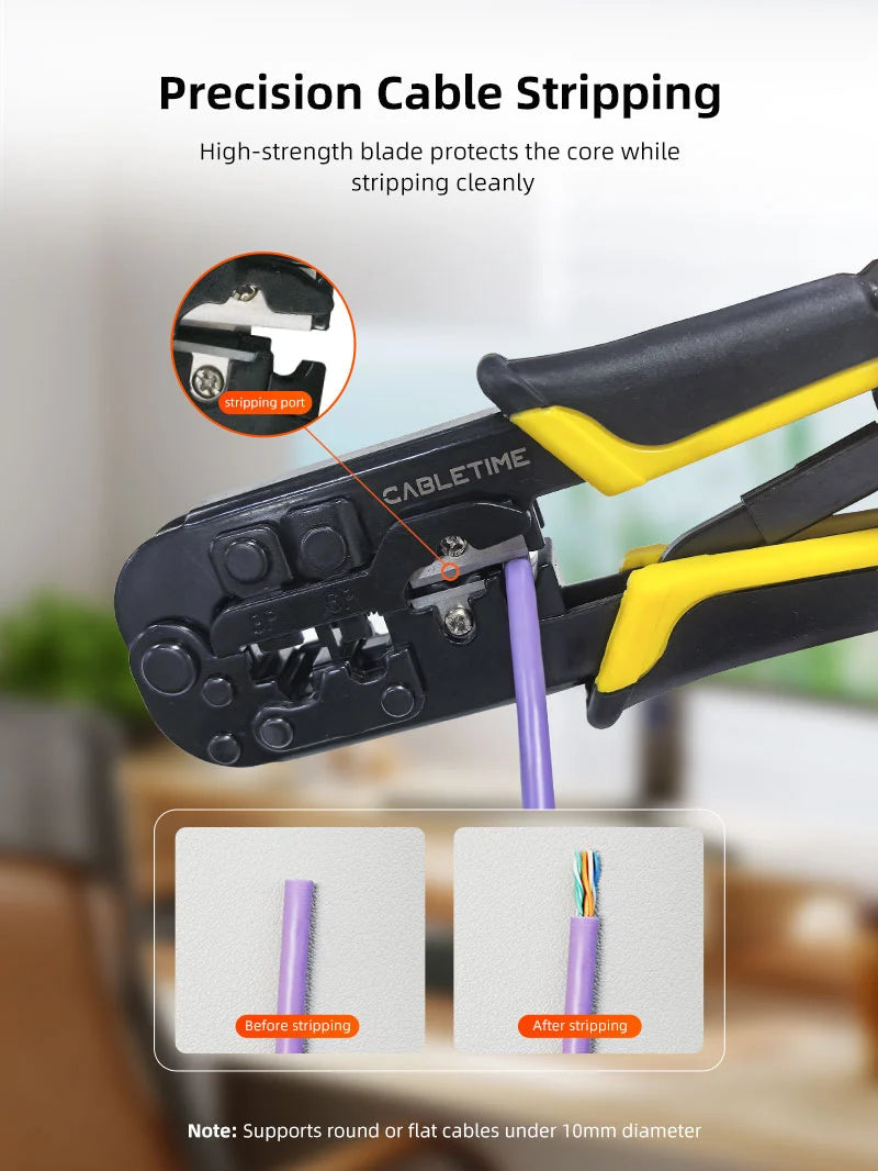 Alicate Crimpador Ponchadora 3 en 1 CABLETIME RJ45 Cat5 Cat6 RJ11 8P 6P 4P Acero al Carbono CNT1C s2273