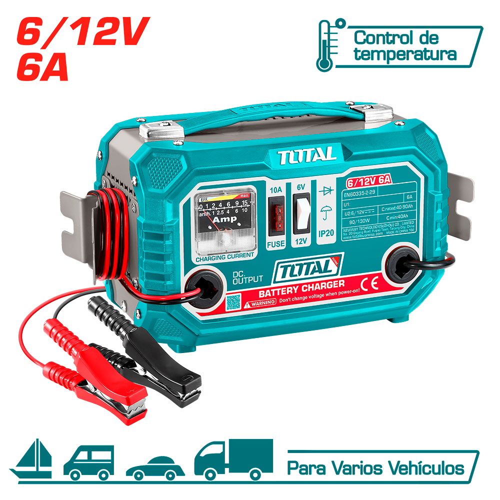 Cargador de Batería 6V / 12V 6A TOTAL Taller Automotriz 40-90Ah Amperímetro Analógico Fusible 10A 220V S2318