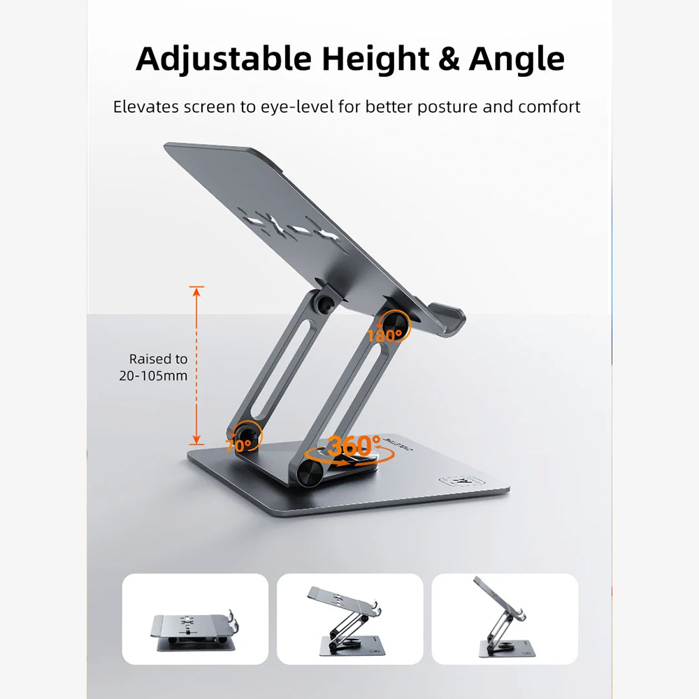 Soporte Giratorio 360° para Tablet y iPad CABLETIME de Aluminio Ajustable en Altura e Inclinación con Disipación Térmica para Dispositivos de 5 a 14 Pulgadas S2346