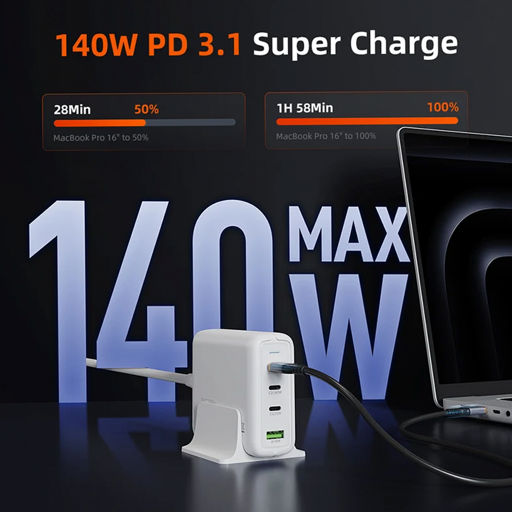 Estación de Carga de Escritorio CABLETIME 140W GaN 4 en 1 Cargador Rápido USB-C PD 3.1 con Base Soporte y Cable de 1.5m CT-GAN140-PWE S2343