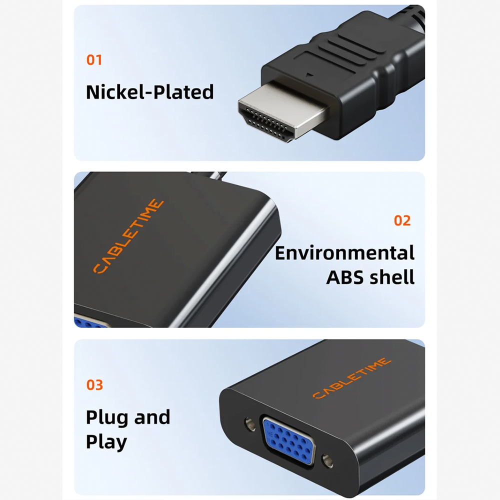 Adaptador HDMI Macho a VGA Hembra CABLETIME 1080P Full HD 60Hz Conversor de Video Plug & Play Carcasa ABS y Conector Niquelado para Laptop PC Proyector y Monitor S2362