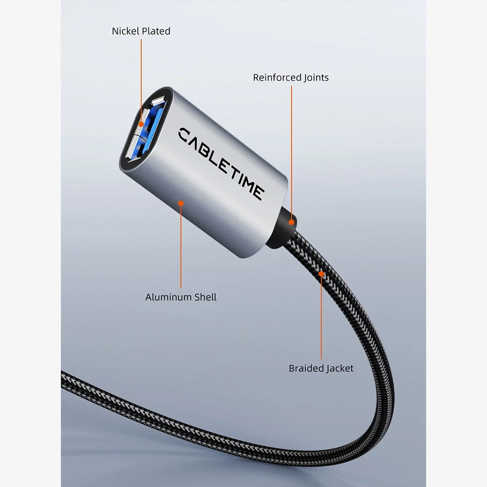 Cable Extensión USB 3.0 Macho a Hembra CABLETIME 3 Metros 5Gbps Carcasa de Aluminio y Malla Trenzada de Nylon para PC Laptop Disco Duro e Impresora S2349