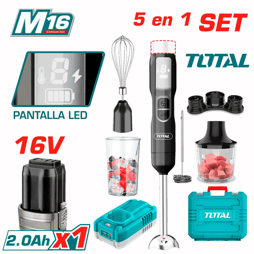 Set de Batidora de Mano Inalámbrica 16V TOTAL 5 Velocidades Picatodo 500ml Pantalla LED Batería 2.0Ah y Maletín TJB056K S2310