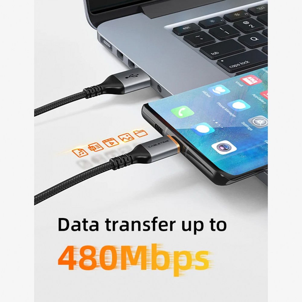 Cable USB-A a USB-C CABLETIME 5A Carga Rápida 1 Metro QC 4.0/3.0 Núcleo de Cobre Engrosado Carcasa de Aluminio y Malla Trenzada S2352