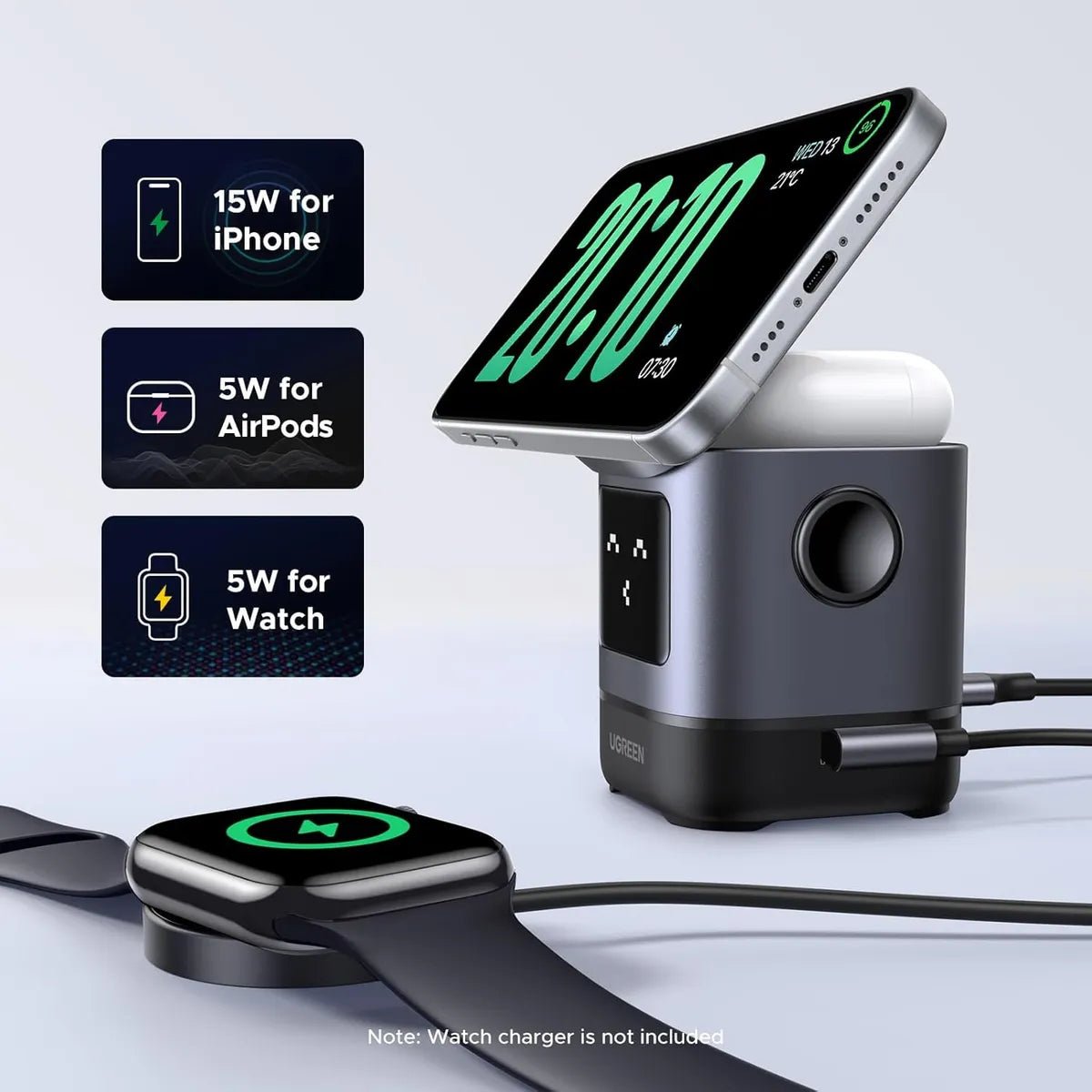 Estación de Carga Inalámbrica 2 en 1 UGREEN Uno 15W Qi2 MagSafe Pantalla Robot Ajustable 70° S2292