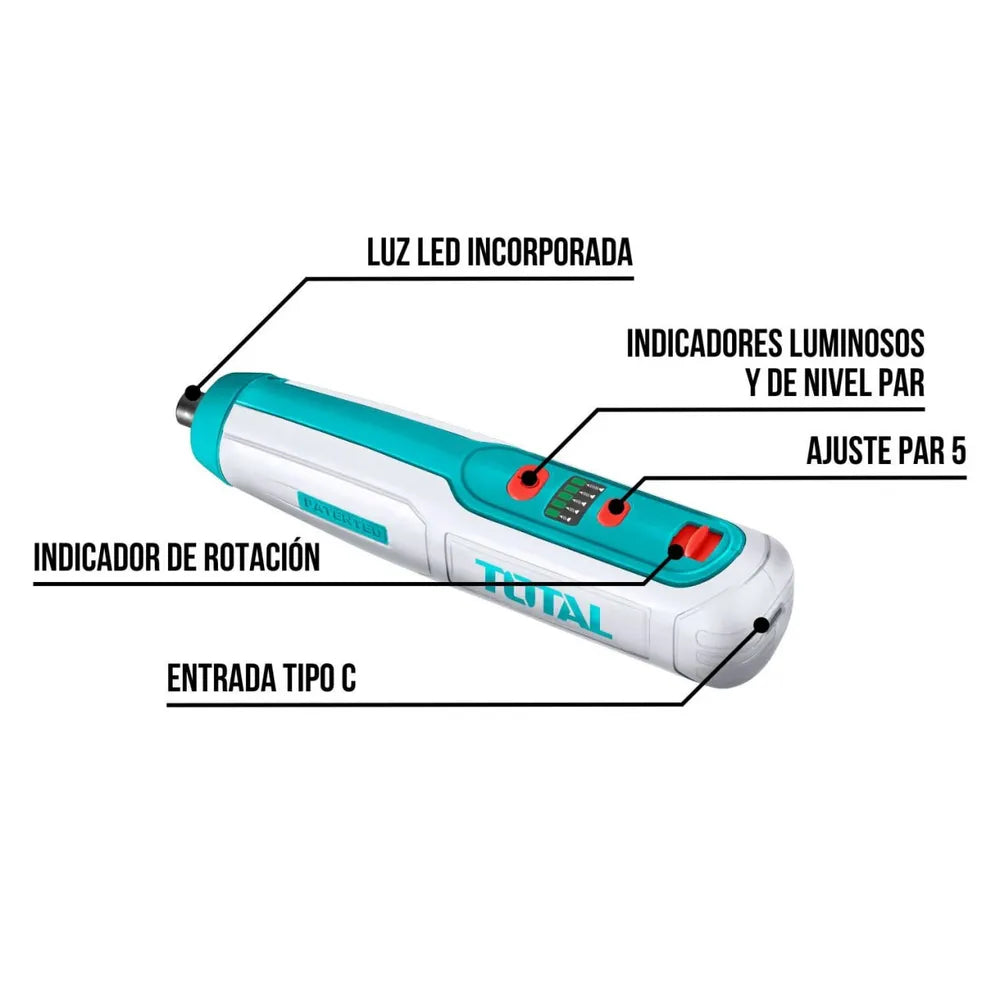 Destornillador Inalámbrico Recargable 4V TOTAL | Set Profesional 43 Piezas S1826