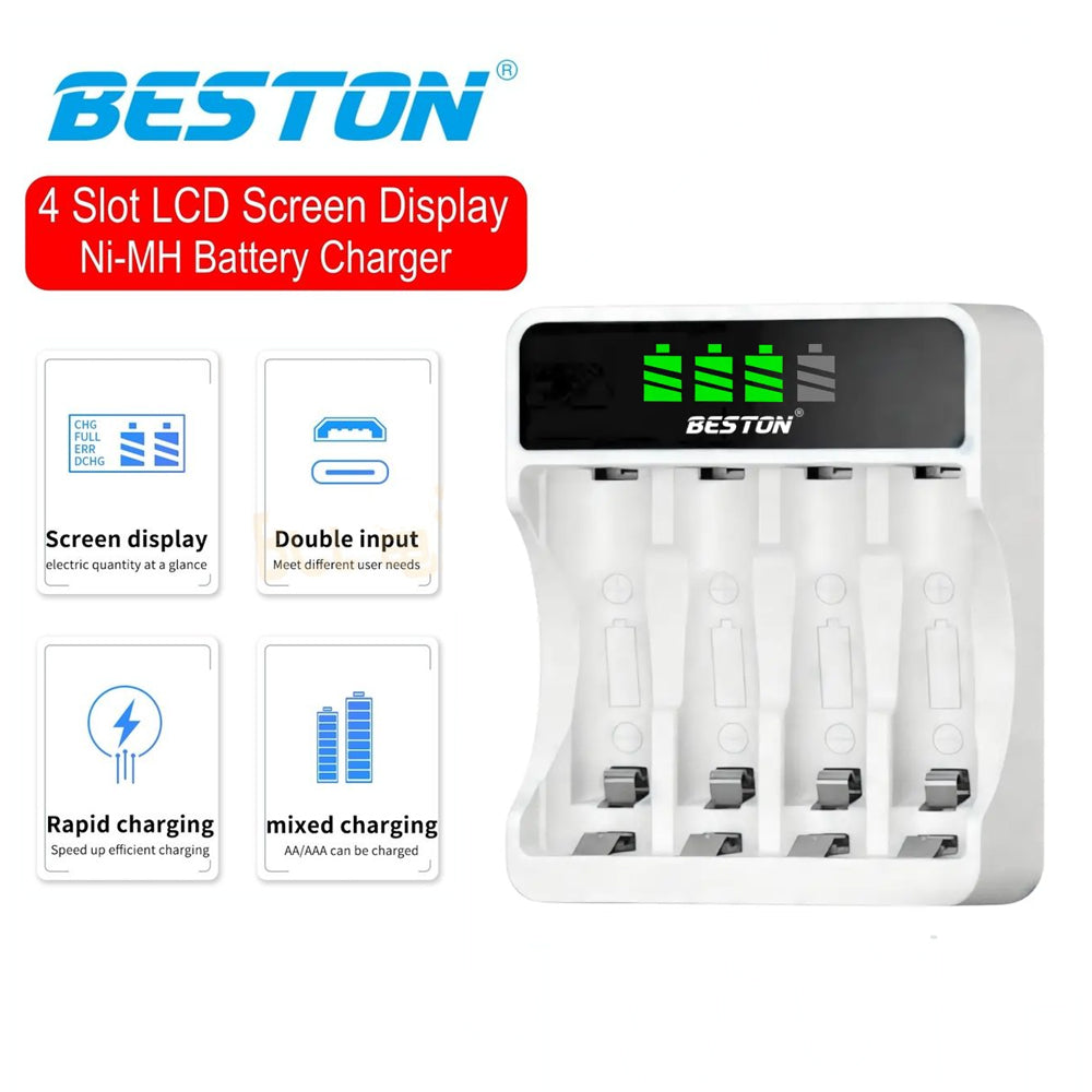 Kit Cargador Inteligente de Pilas + 2 AA y 2 AAA Ni-MH con Pantalla LCD 4 puestos S2004