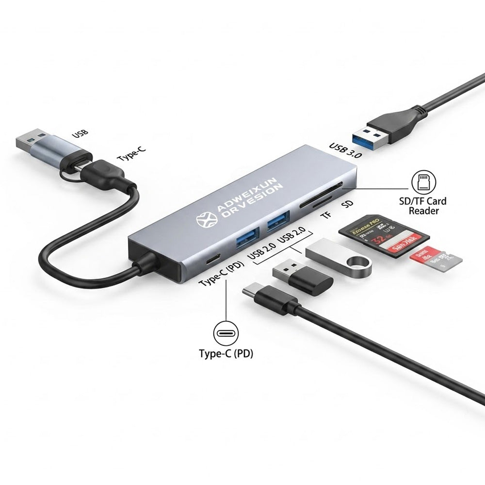 Hub Adaptador Multipuertos 6 en 1 (Tipo-C y USB a USB 3.0, SD/TF y PD 100W) s2033