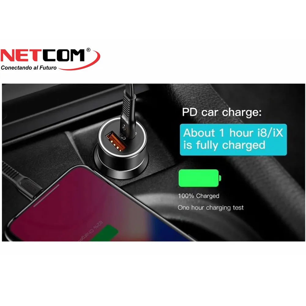 Cargador para Auto 1 USB QC3.0 1 TIPO C NETCOM 3.4A 12V 24V C Rápida S1687