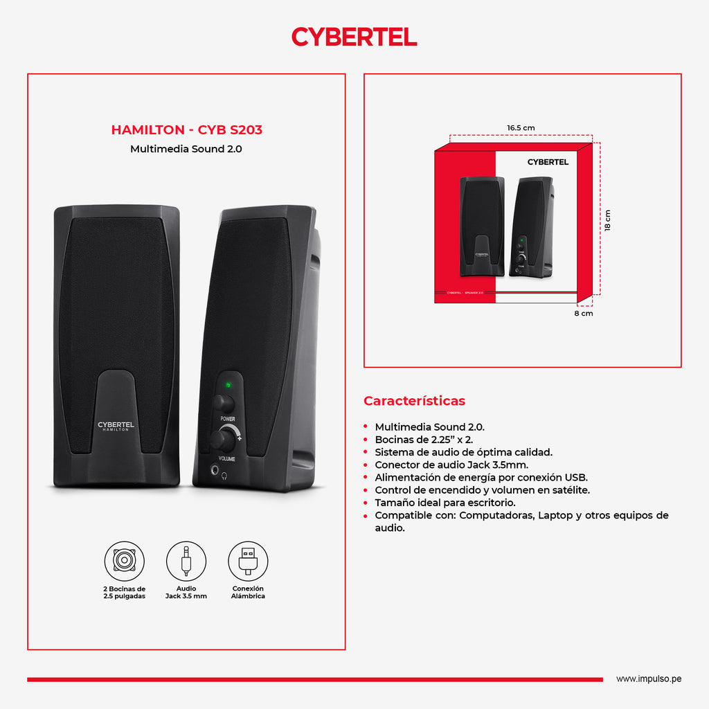 Parlantes de Escritorio Cybertel Hamilton CYB S203 Sistema de Audio 2.0 Bocinas 2.25" Alimentación USB Jack 3.5mm s2247