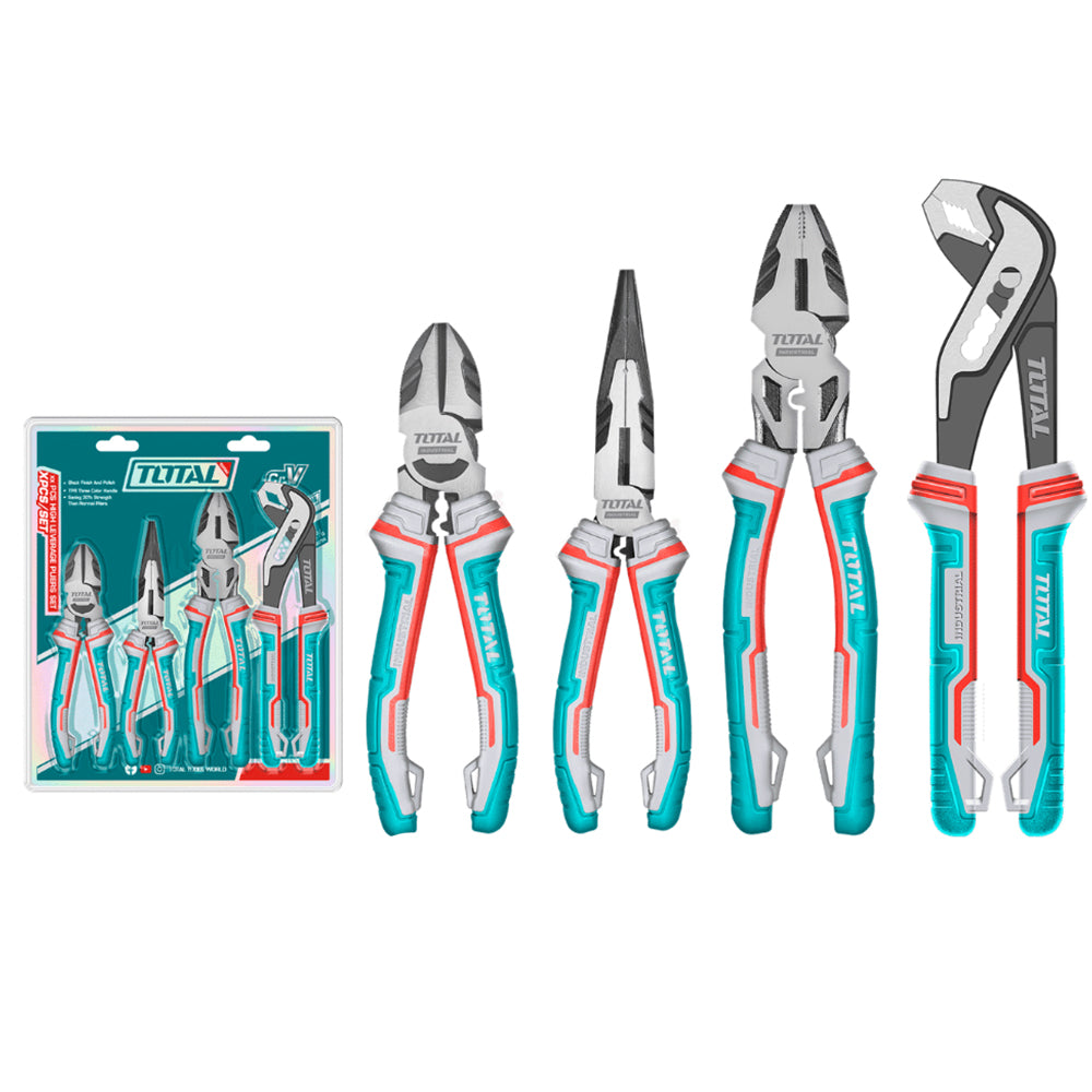 Juego de Alicates 4 Piezas TOTAL Industrial Acero Cr-V Alta Palanca Ahorro 30% Mango TPR Tri-Color THT2K0498 S2316