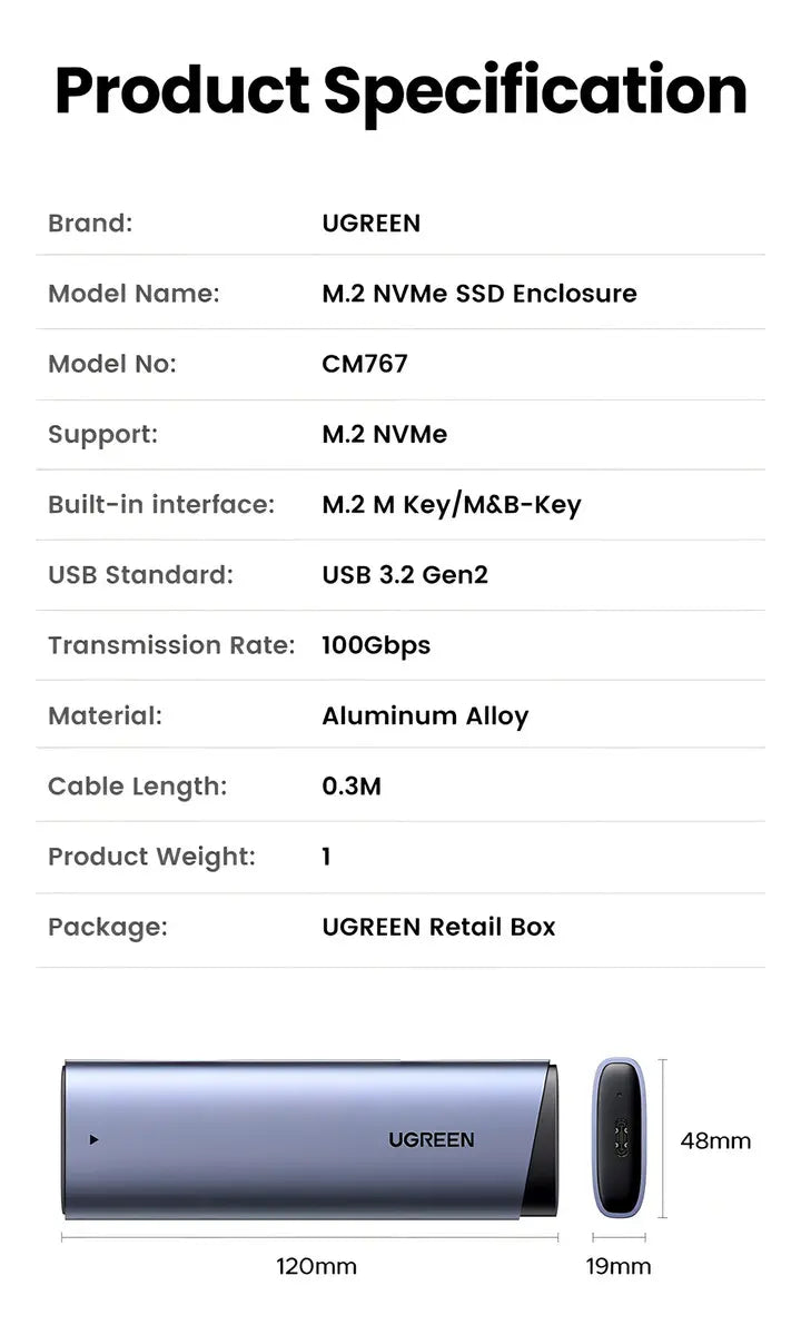 Carcasa Enclosure M.2 NVMe SSD Ugreen 10Gbps USB 3.2 Gen 2 Aluminio CM767 S2208