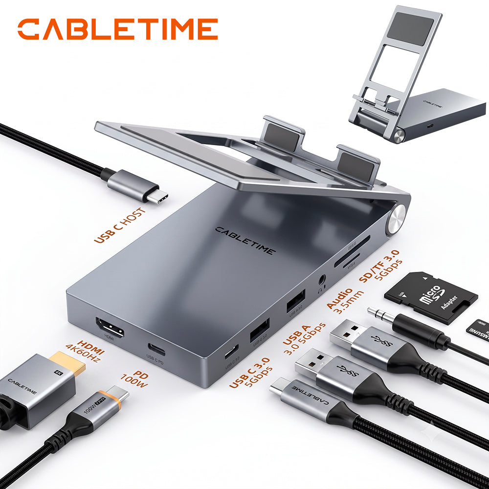 Hub USB-C 8 en 1 y Soporte Plegable CABLETIME 4K 60Hz PD 100W SD/TF 3.5mm Aluminio iPad Pro Switch CB04G S2279