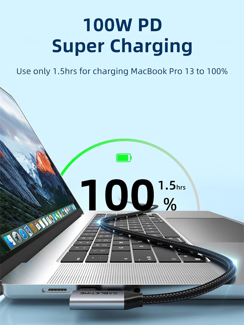 Cable USB-C a USB-C 90° CABLETIME 100W 20Gbps Video 4K 60Hz Chip E-Marker Nylon Trenzado s2269