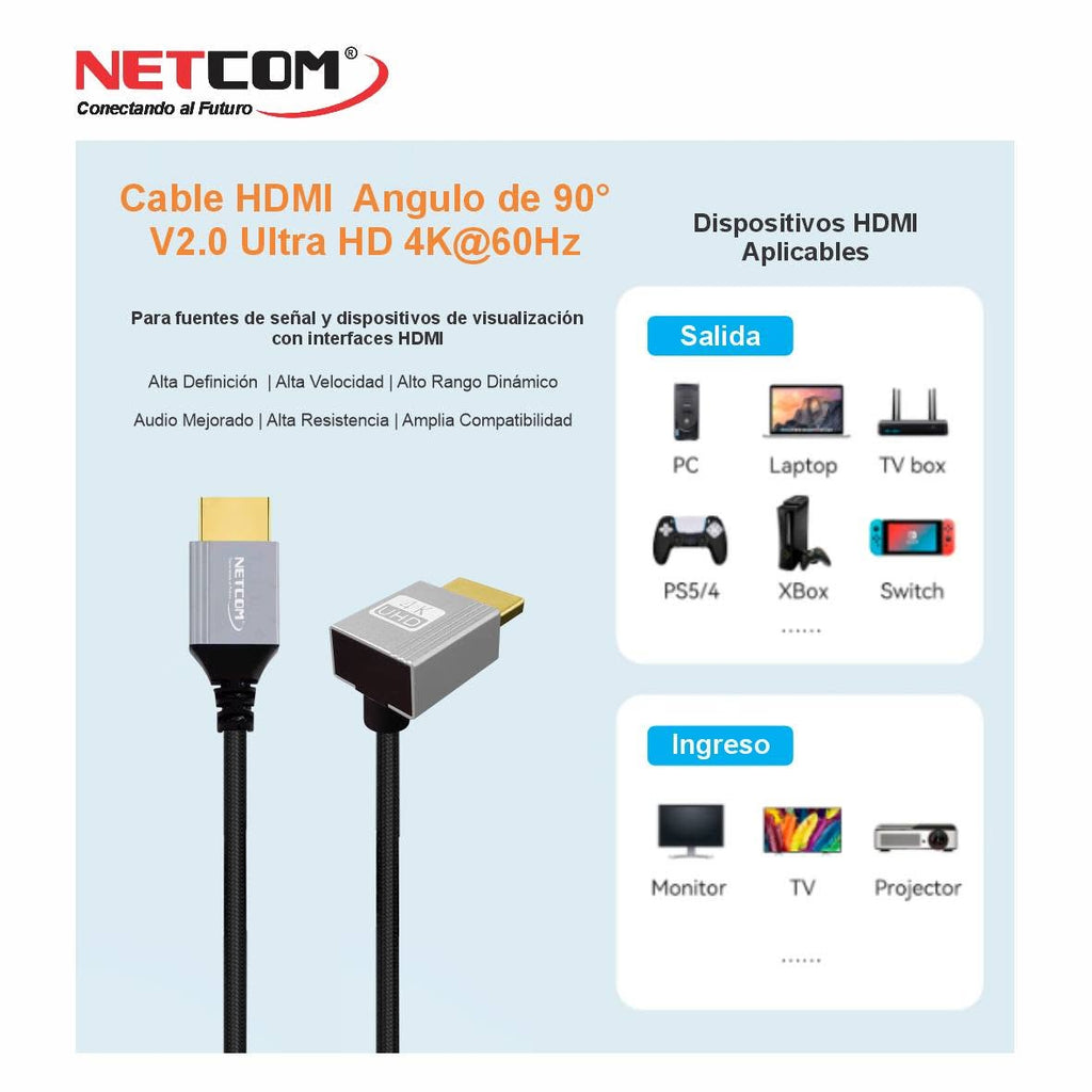 Cable HDMI 2.0 90° NETCOM 1.80m Ultra Delgado 4K 60Hz 18Gbps HDR Trenzado s2259