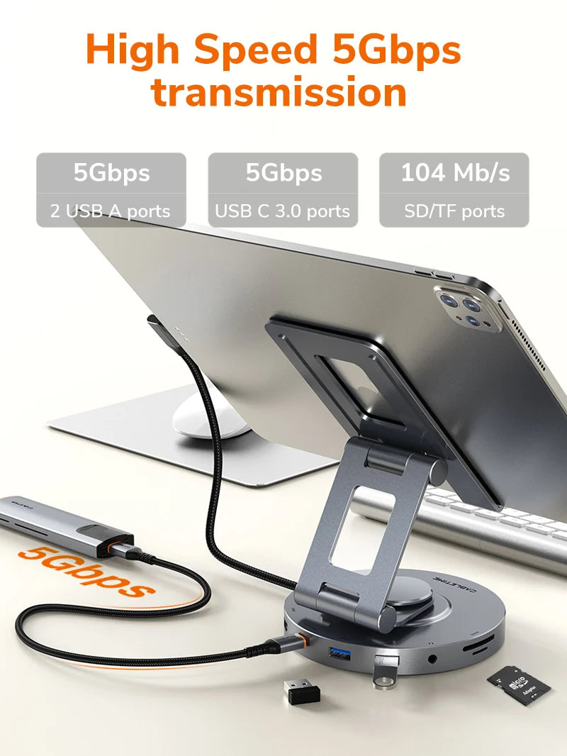 Docking Station y Soporte 8 en 1 USB-C CABLETIME 4K 60Hz PD 100W SD/TF 3.5mm Base Giratoria 360° iPad Pro Air CB02G S2277