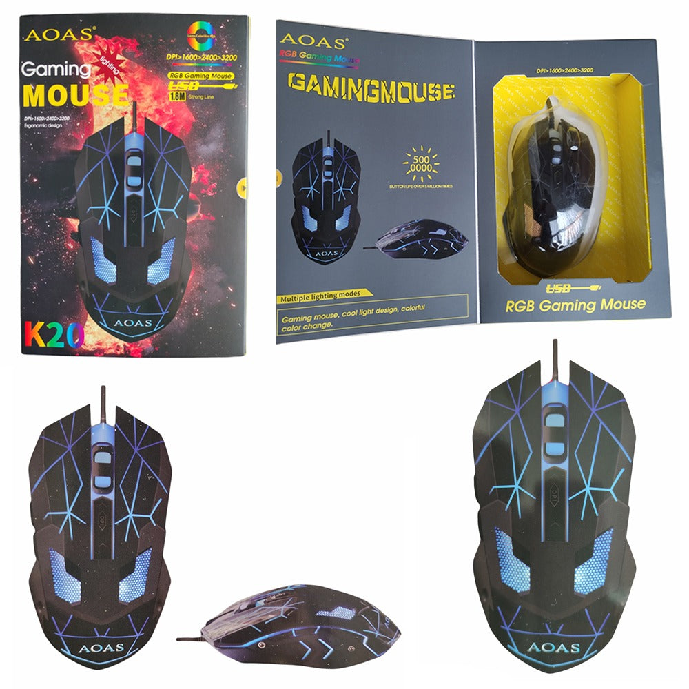 Mouse Gamer Aoas K20 Rgb Iluminación Led 3200 Dpi Cable 1.8 S0748