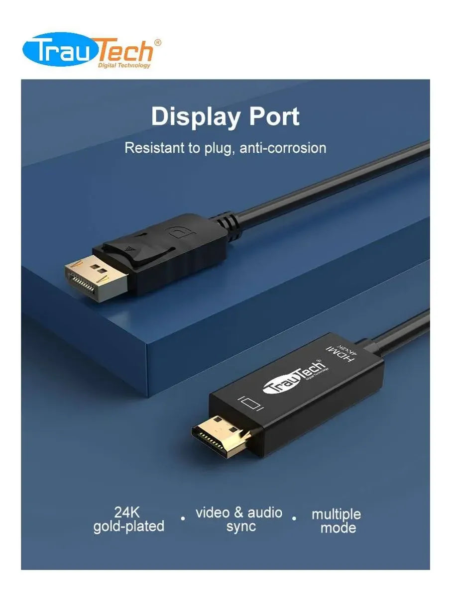 Cable Convertidor DisplayPort a HDMI 4K@30Hz TrauTech (1.8 Metros) s2101