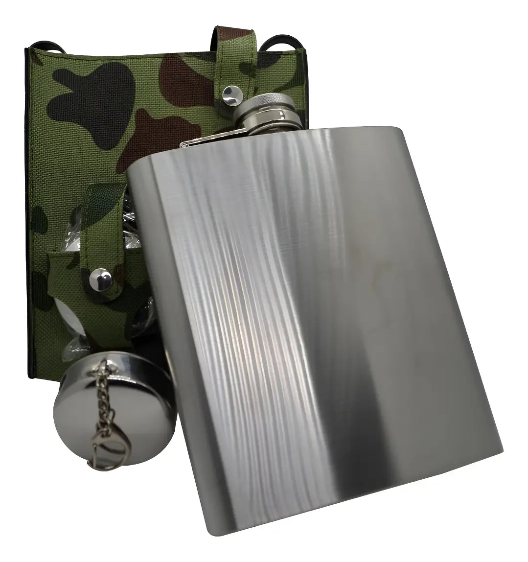 Licorera Petaca de Acero Inoxidable de 18 oz con 2 Vasos Plegables y Funda Camuflada S2161