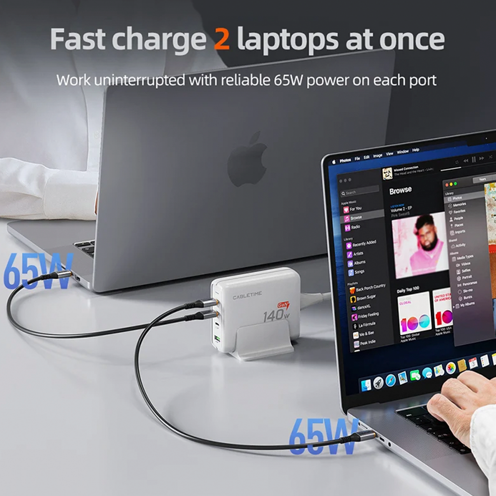 Estación de Carga de Escritorio CABLETIME 140W GaN 4 en 1 Cargador Rápido USB-C PD 3.1 con Base Soporte y Cable de 1.5m CT-GAN140-PWE S2343