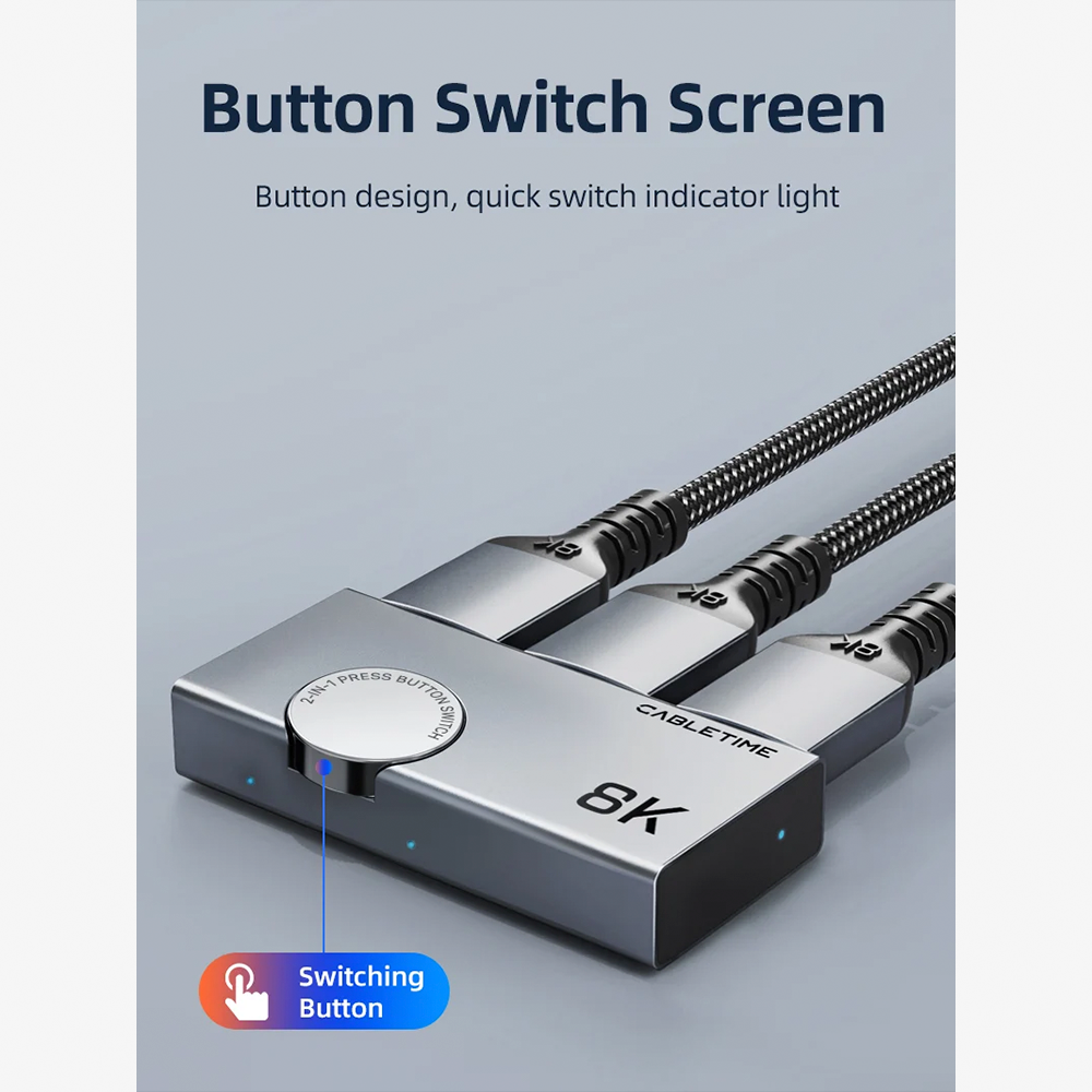 Switch Conmutador HDMI 2.1 Bidireccional 8K 60Hz 4K 120Hz CABLETIME 2 en 1 o 1 en 2 de Aluminio con Soporte VRR HDR Dinámico y Dolby Atmos para PS5 Xbox Series X y PC Gamer S2360