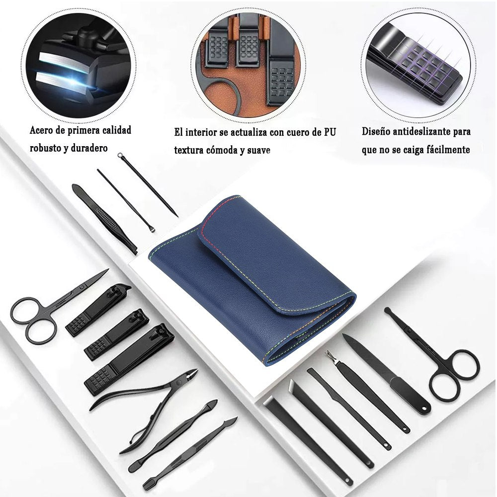 Set Manicura Pedicura Acero Inoxidable cortauñas 16 Piezas - Azul S1474