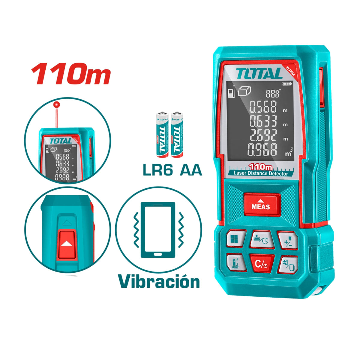Medidor de Distancia Láser TOTAL 110m Telémetro Digital Industrial Precisión ±2mm Sensor de Inclinación Vibración Pantalla LCDS2308