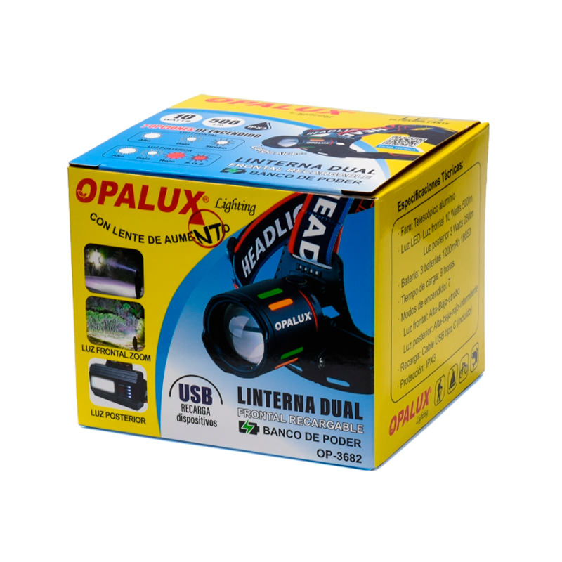Linterna Frontal Recargable Opalux 10W Dual con Zoom IPX3 S2034