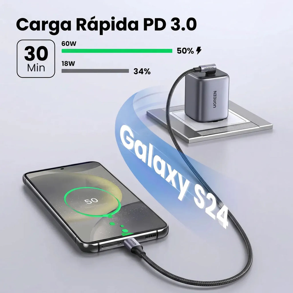Cable USB-C a USB-C Ugreen Tipo L 90° Carga Rápida 240W PD 3.1 Trenzado 1M S2210