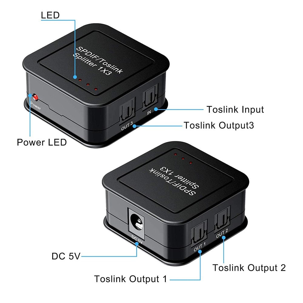 Divisor de Audio Óptico Digital 1x3 Spdif Toslink splitter optico 1x3 S1496