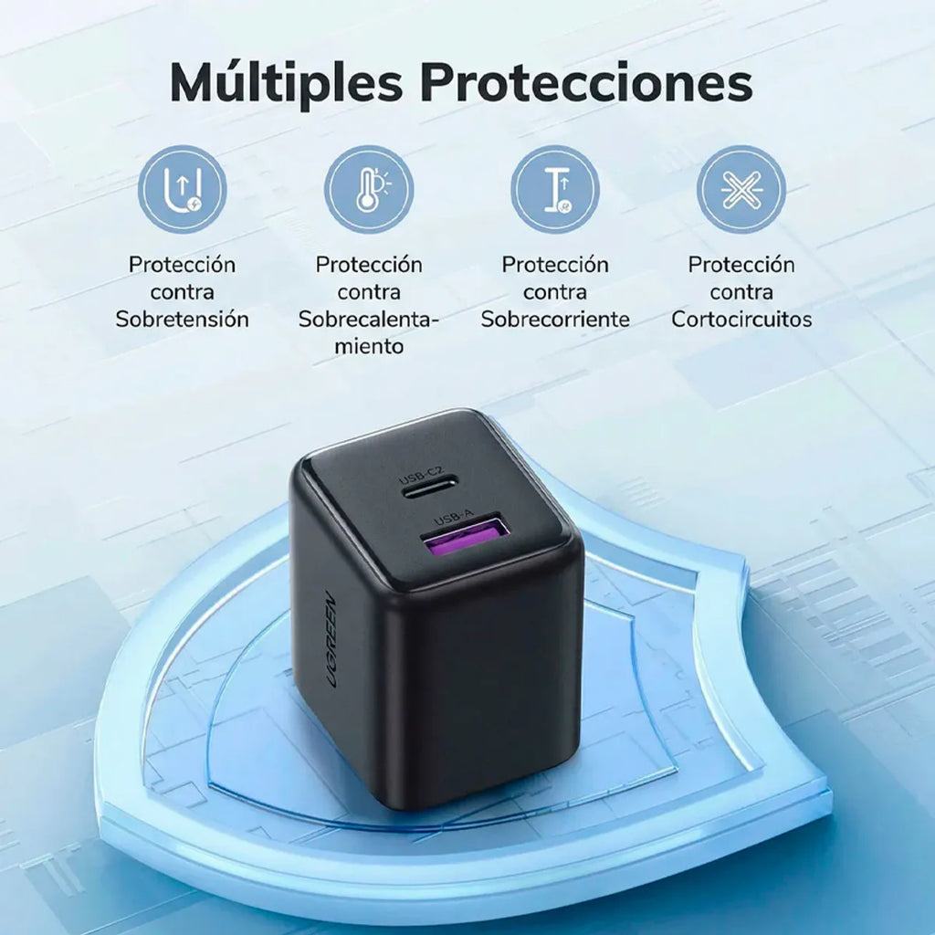 Cargador de Pared UGREEN 30W GaN USB-C y USB-A PD 3.0 QC 4.0 Carga Rápida Dual S2287