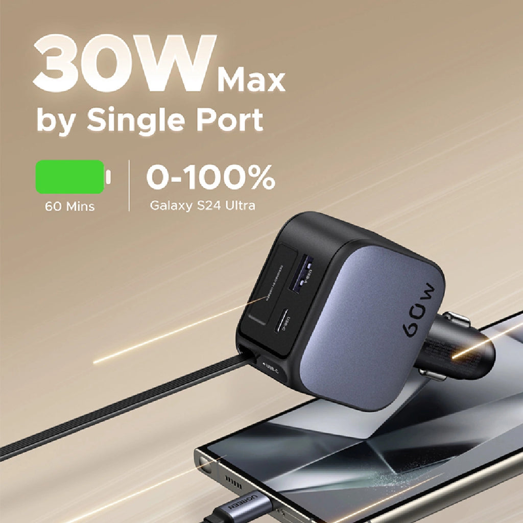 Cargador de Auto Ugreen 60W con Cable Retráctil USB-C y Puertos USB-A / Type-C EC602 S2215