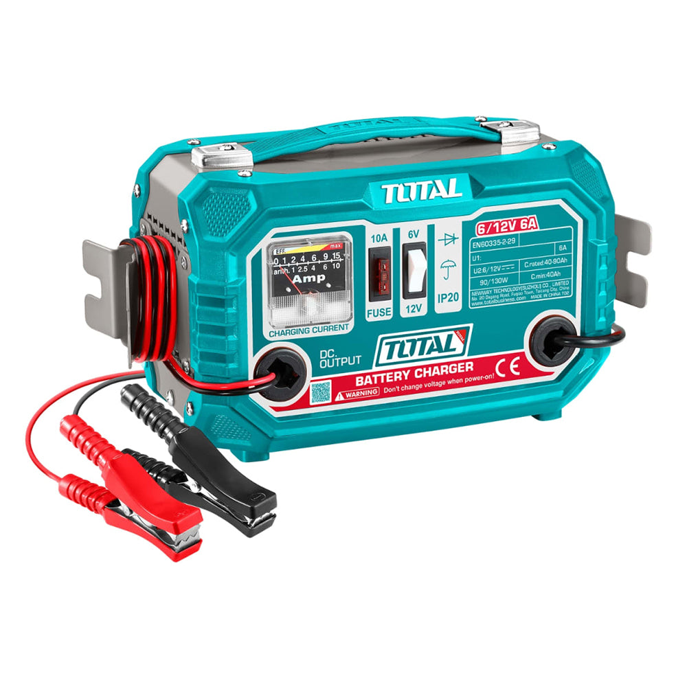 Cargador de Batería 6V / 12V 6A TOTAL Taller Automotriz 40-90Ah Amperímetro Analógico Fusible 10A 220V TBC1501 S2318